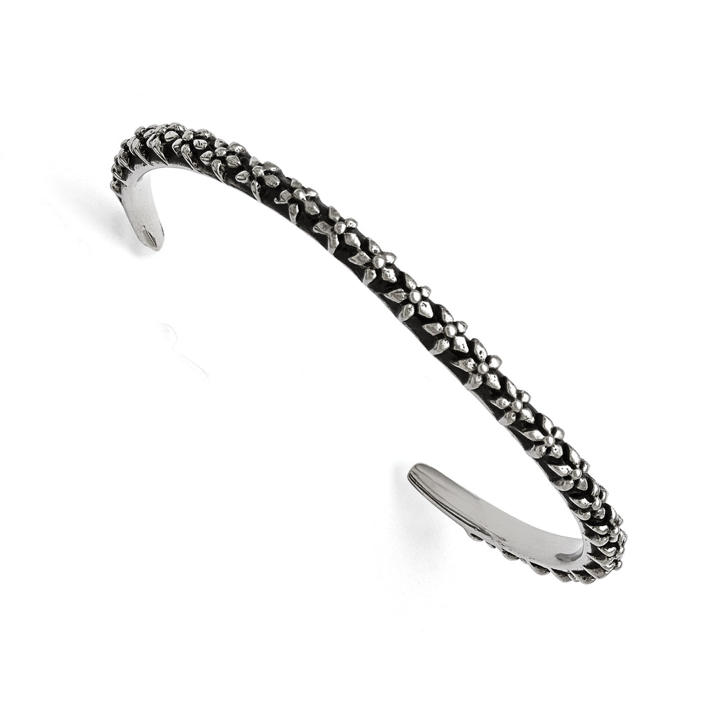 Stainless Steel Polished/Antiqued Floral Thin Cuff Bangle Bracelet for Women