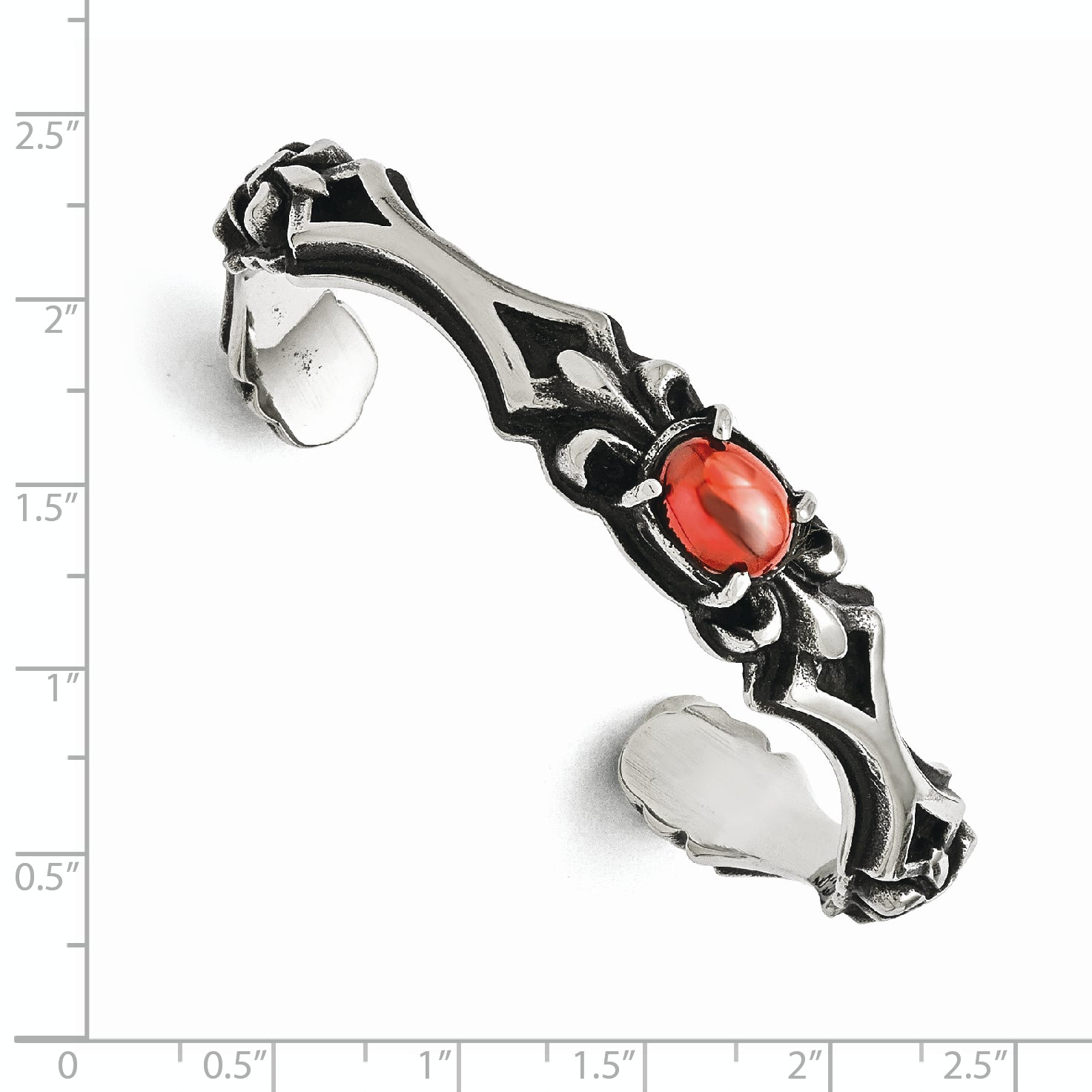 Stainless Steel Polished/Antiqued Fleur De Lis Red Glass Cuff Bangle Bracelet for Women