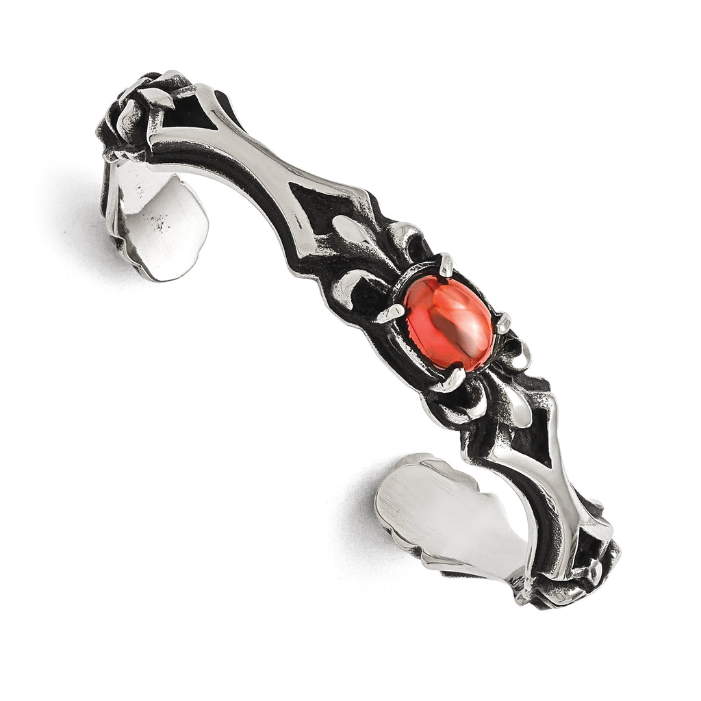 Stainless Steel Polished/Antiqued Fleur De Lis Red Glass Cuff Bangle Bracelet for Women