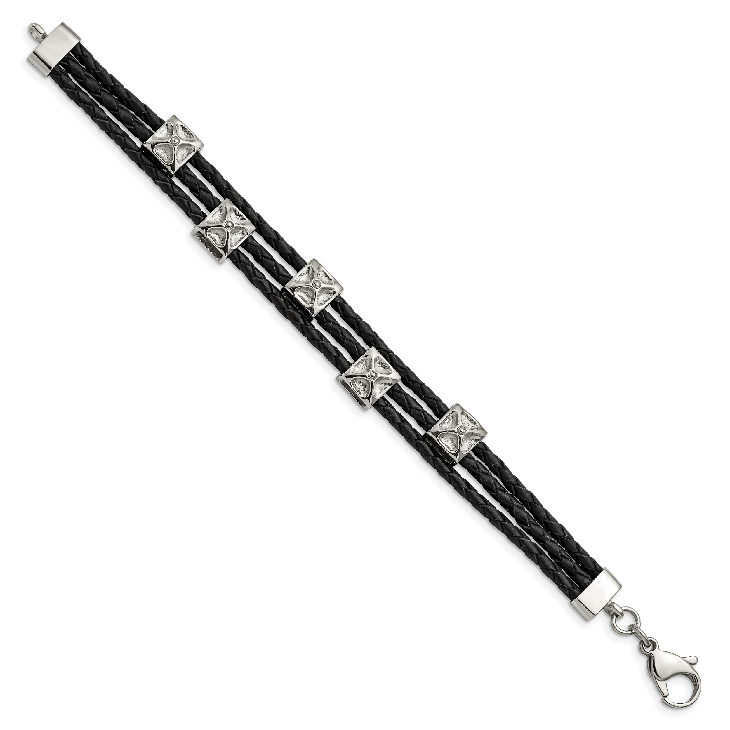 Stainless Steel Polished Black Leather Bracelet