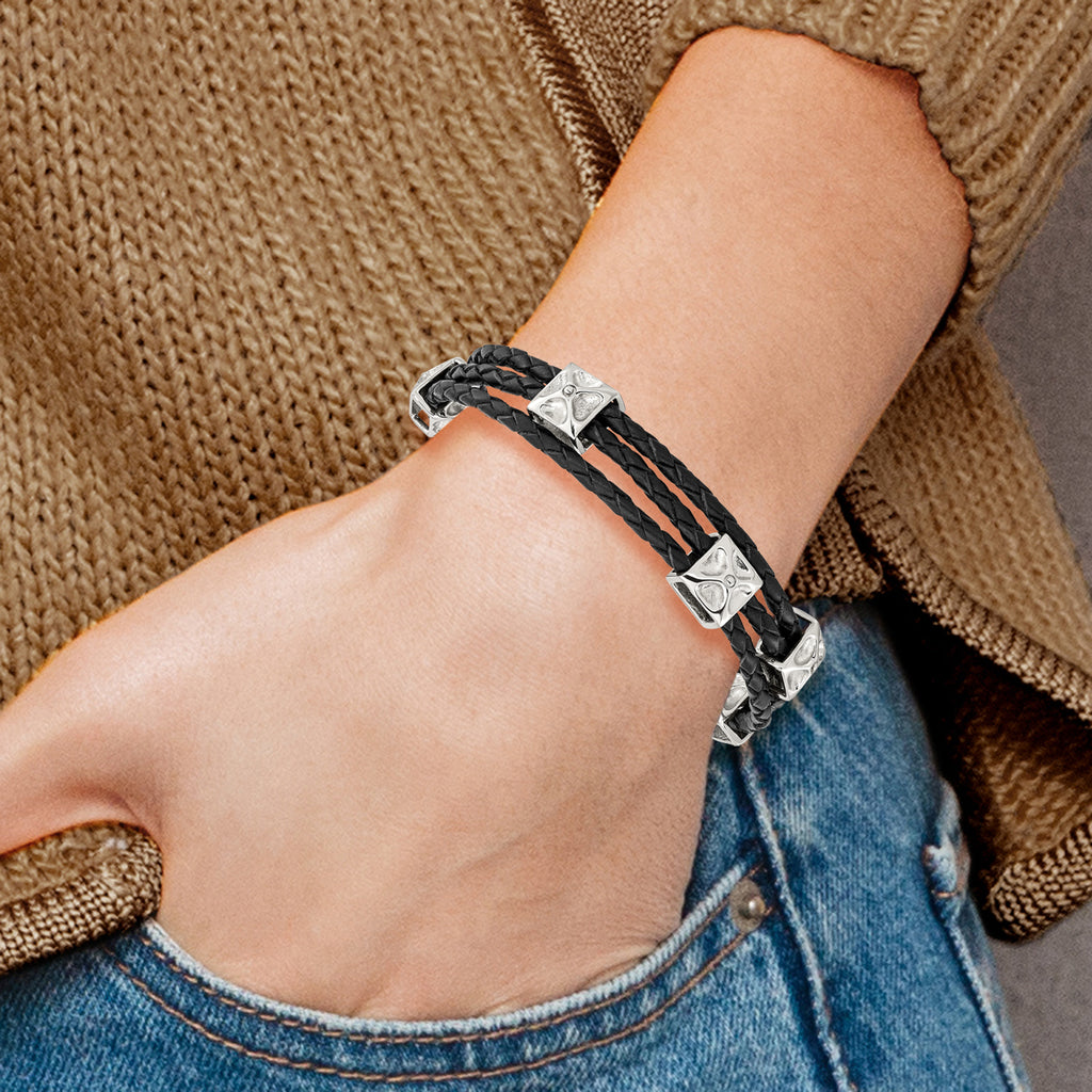 Stainless Steel Polished Black Leather Bracelet