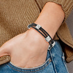 Stainless Steel Polished Black Leather Bracelet