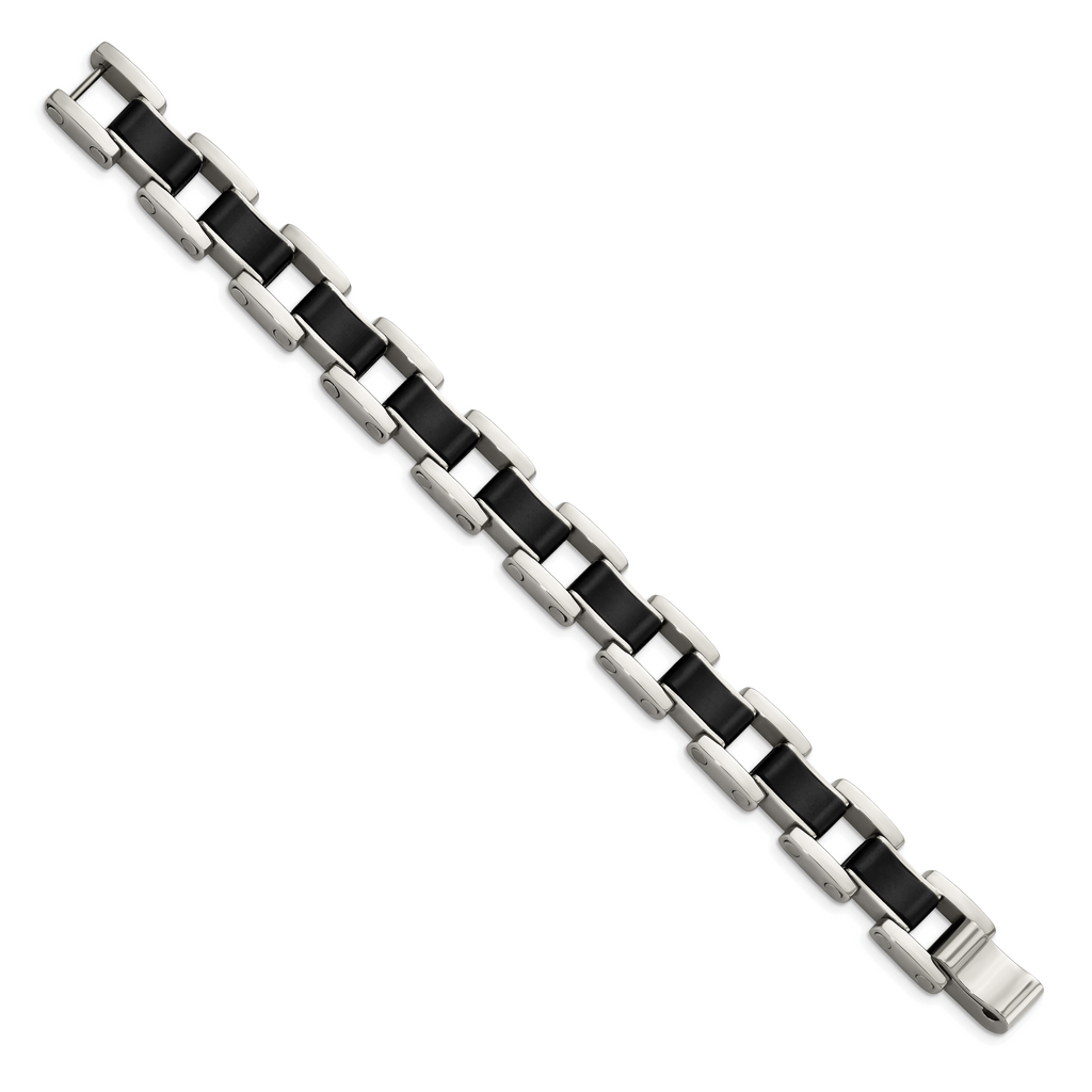 Stainless Steel Polished with Black Rubber Inlay Link Bracelet for Men