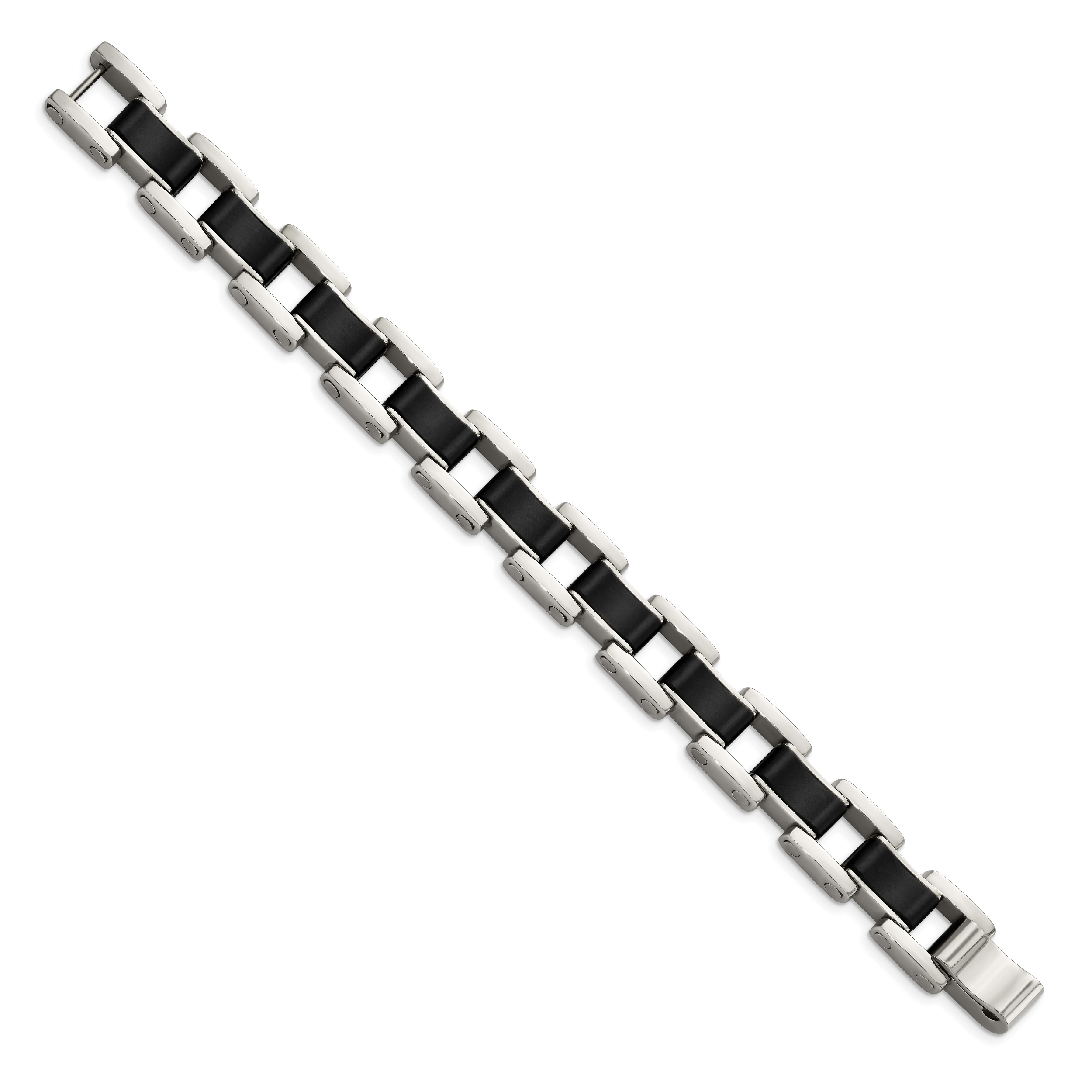 Stainless Steel Polished with Black Rubber Inlay Link Bracelet for Men