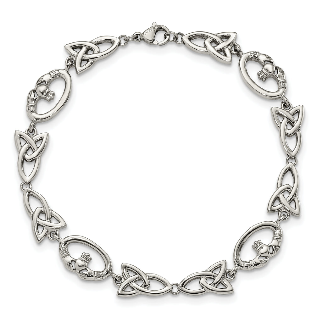 Stainless Steel Polished Claddagh and Trinity Knot Bracelet for Women
