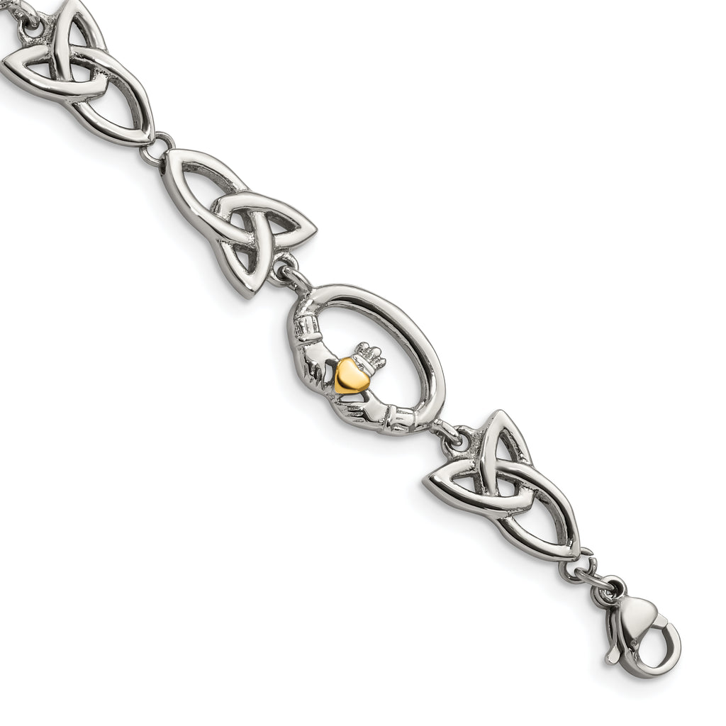 Stainless Steel Polished Yellow IP-plated Claddagh Bracelet for Women