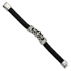 Stainless Steel Antiqued and Polished Fleur de Lis Black Braided Leather Bracelet for Men