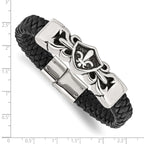 Stainless Steel Antiqued and Polished Fleur de Lis Black Braided Leather Bracelet for Men