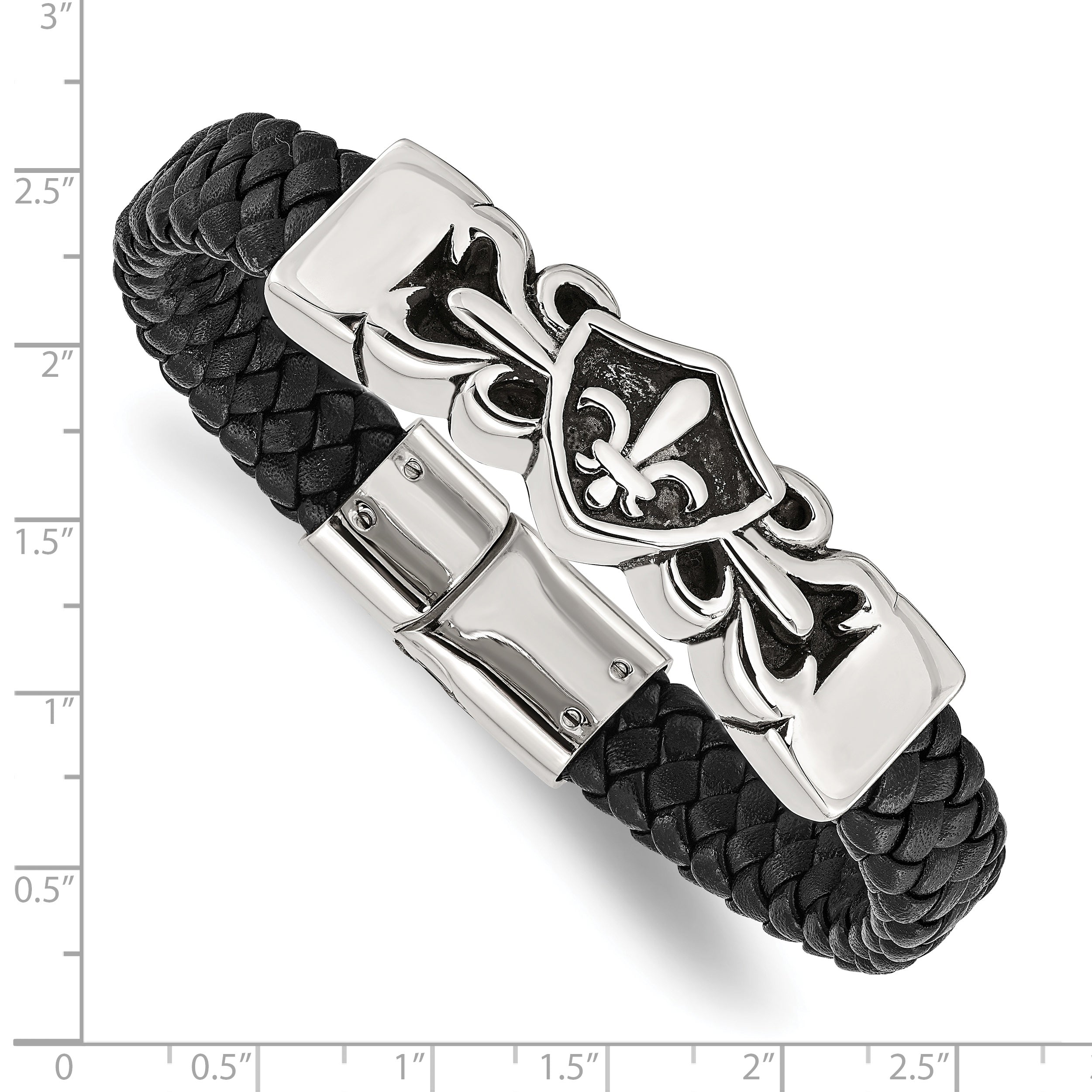 Stainless Steel Antiqued and Polished Fleur de Lis Black Braided Leather Bracelet for Men
