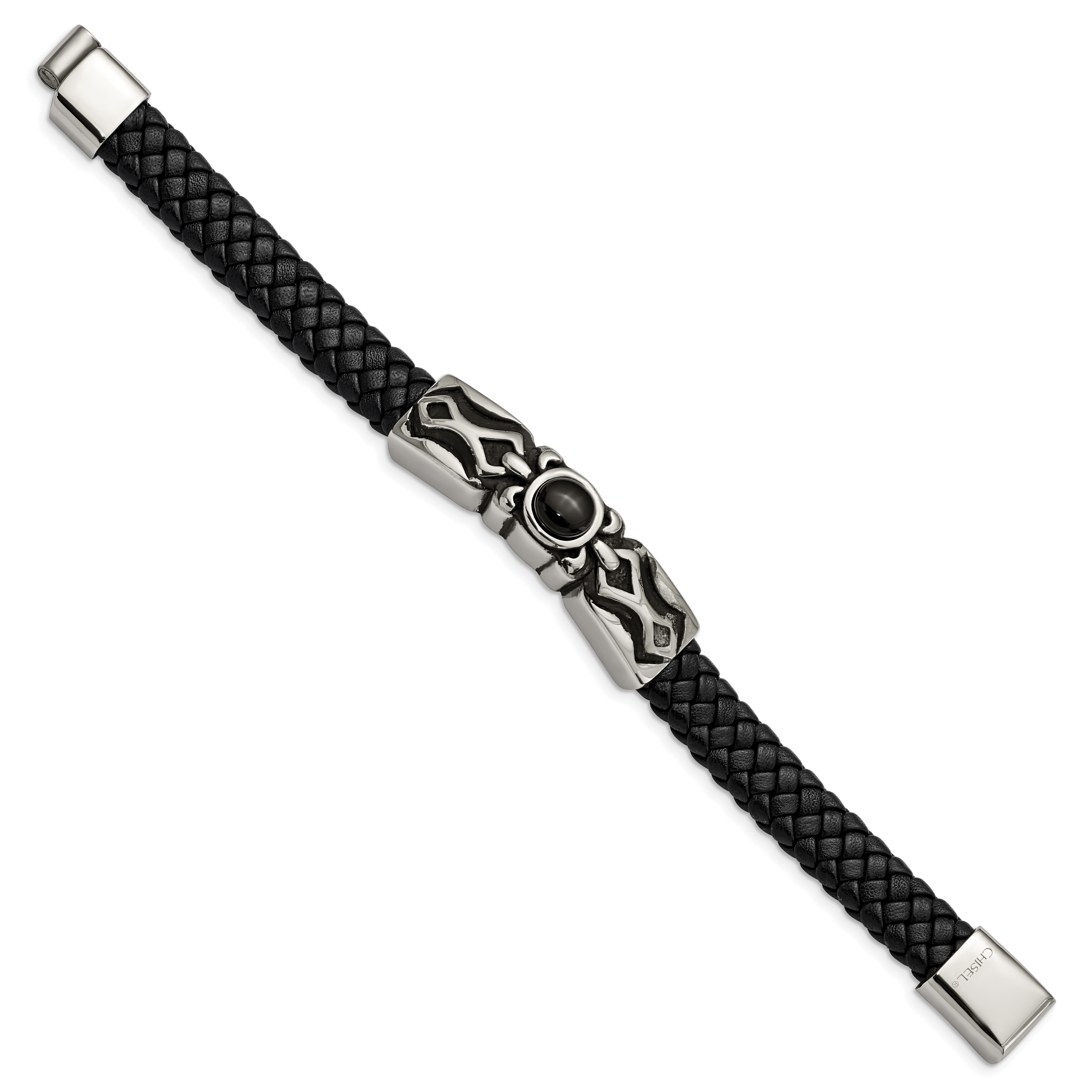 Stainless Steel Antiqued and Polished with Black Onyx Braided Black Leather Bracelet for Men
