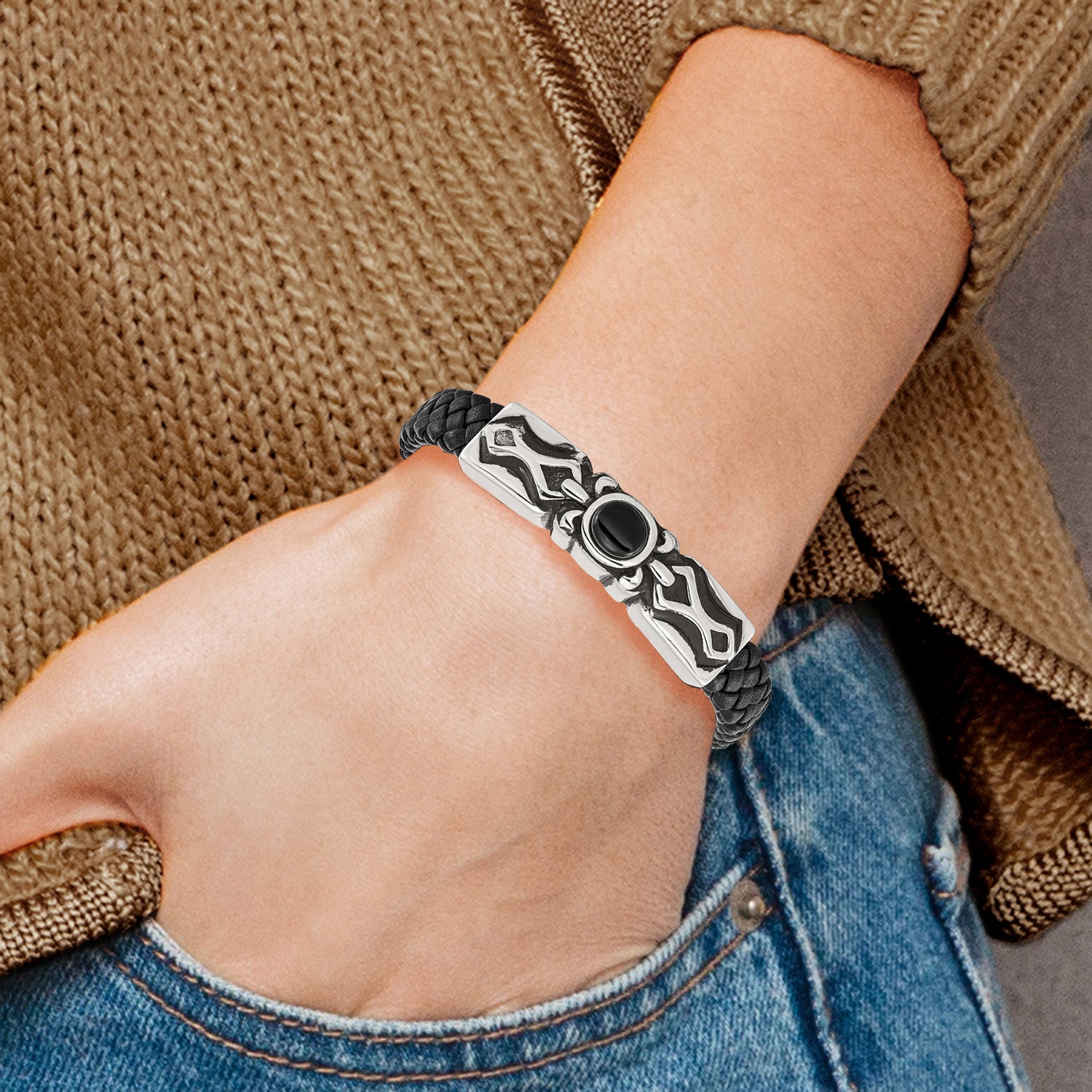 Stainless Steel Antiqued and Polished with Black Onyx Braided Black Leather Bracelet for Men
