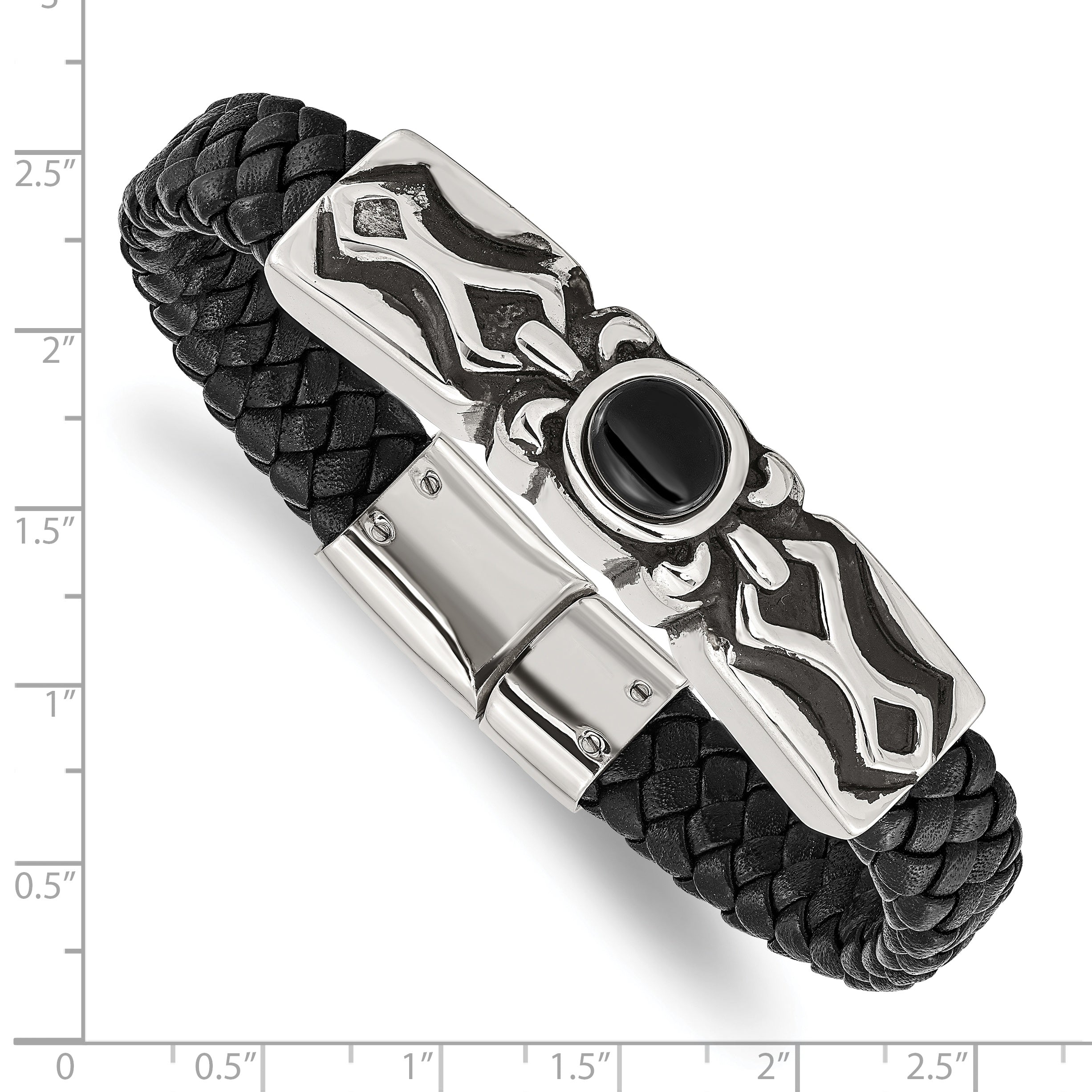 Stainless Steel Antiqued and Polished with Black Onyx Braided Black Leather Bracelet for Men