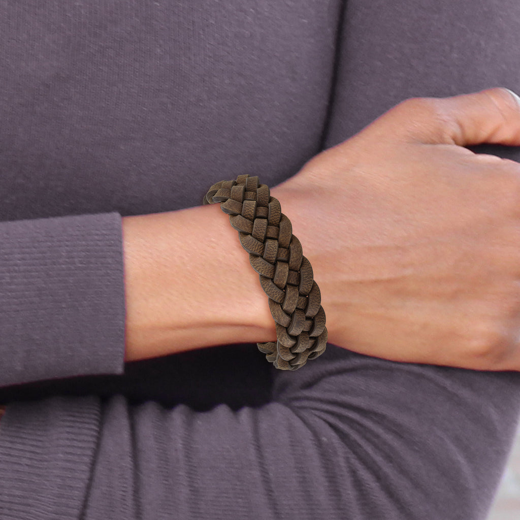 Stainless Steel Polished Brown Braided Leather Bracelet for Men