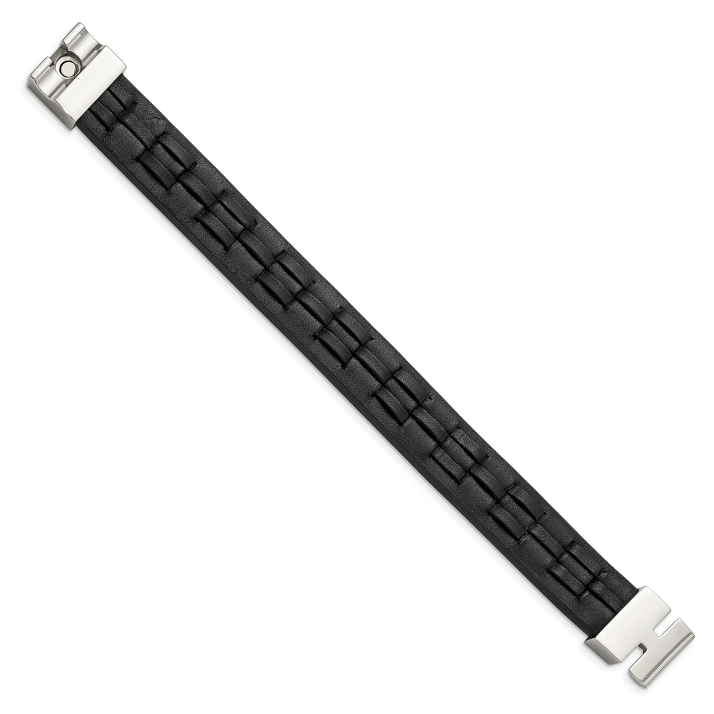 Stainless Steel Polished Black Leather Bracelet for Men