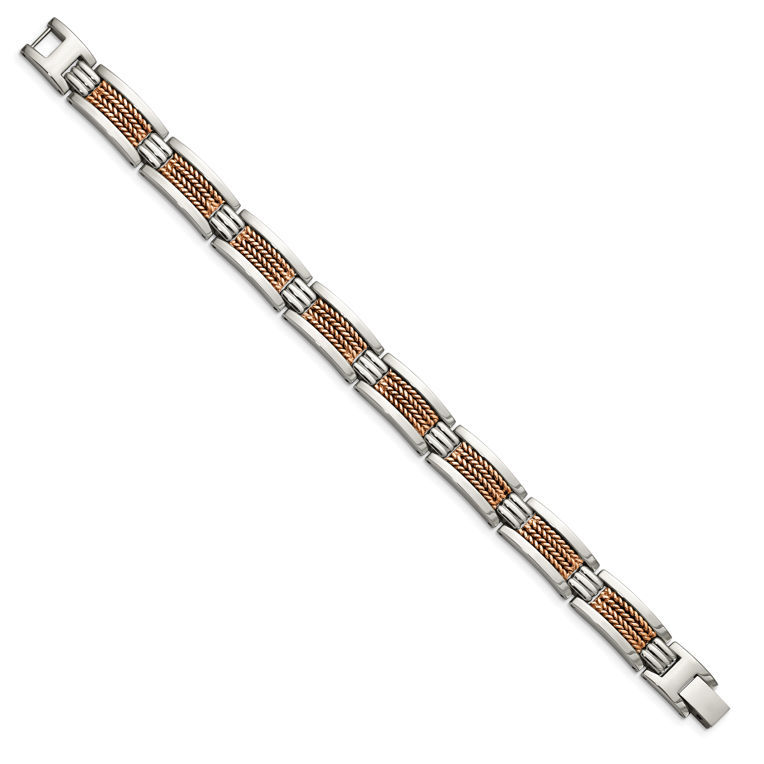 Stainless Steel Polished and Textured Rose IP-plated Link Bracelet for Men Secondary image