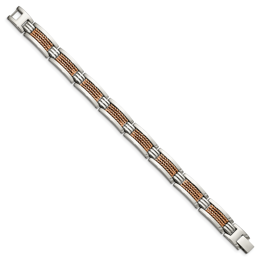 Stainless Steel Polished and Textured Rose IP-plated Link Bracelet for Men