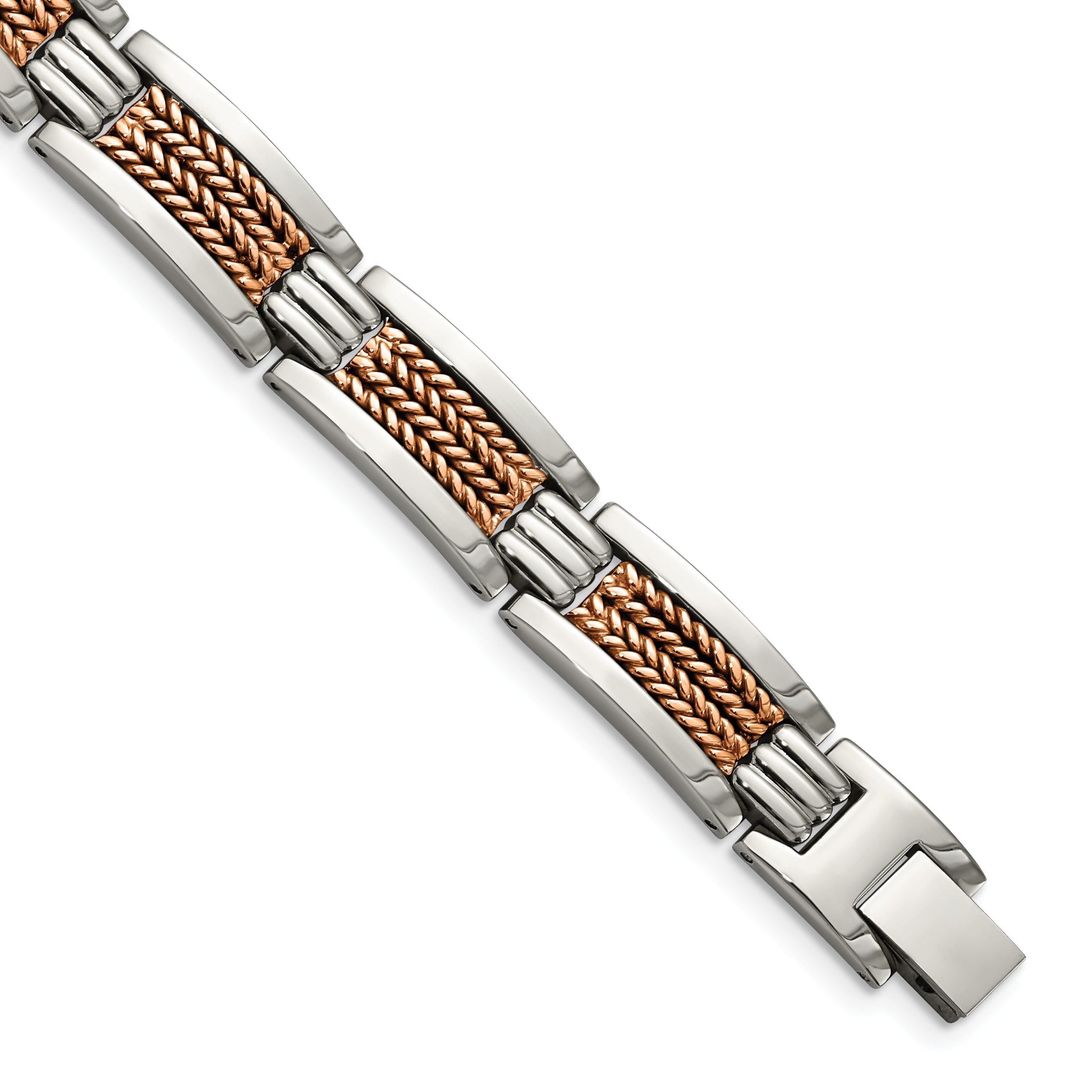 Stainless Steel Polished and Textured Rose IP-plated Link Bracelet for Men