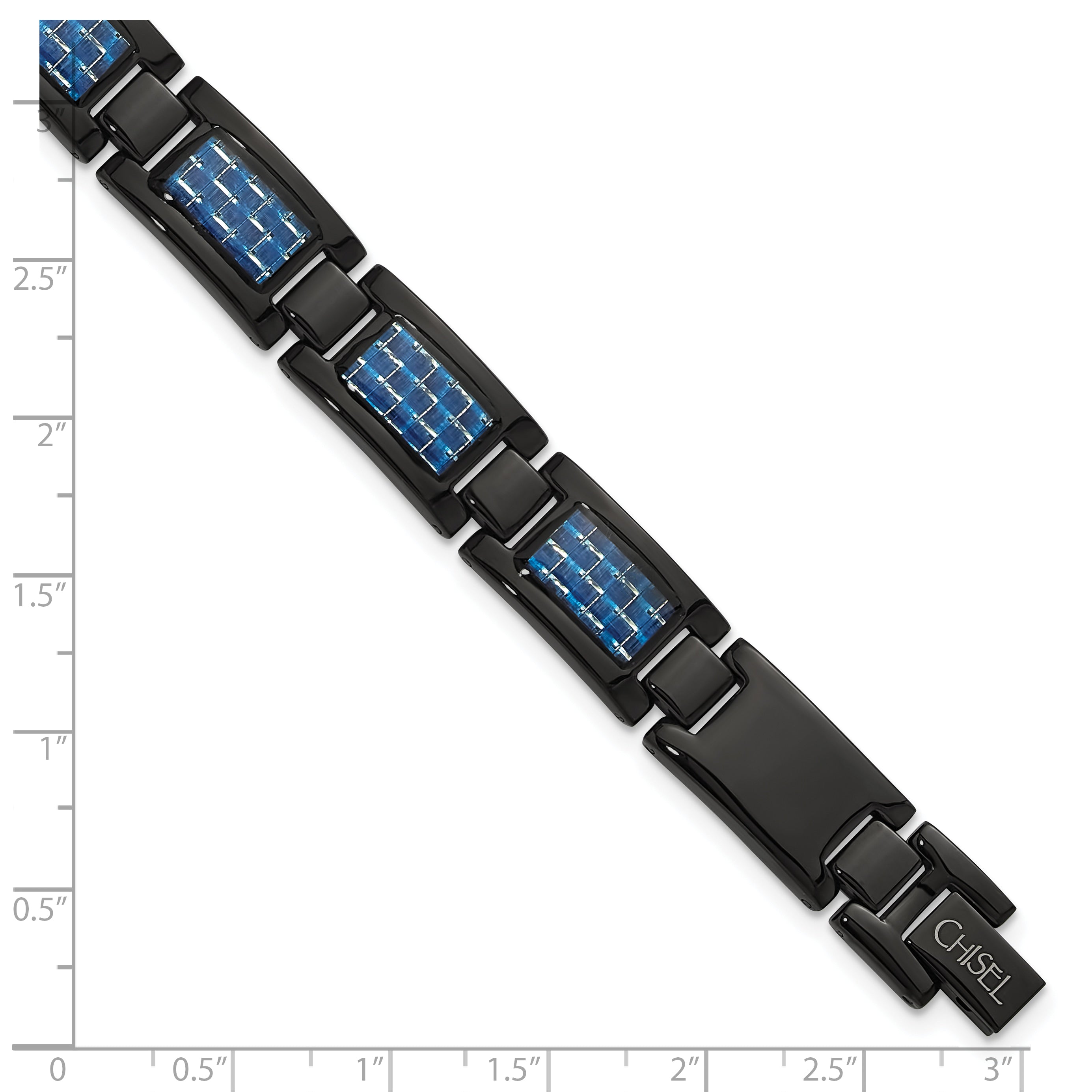 Stainless Steel Polished Black IP-plated with Blue Carbon Fiber Inlay Link Bracelet for Men