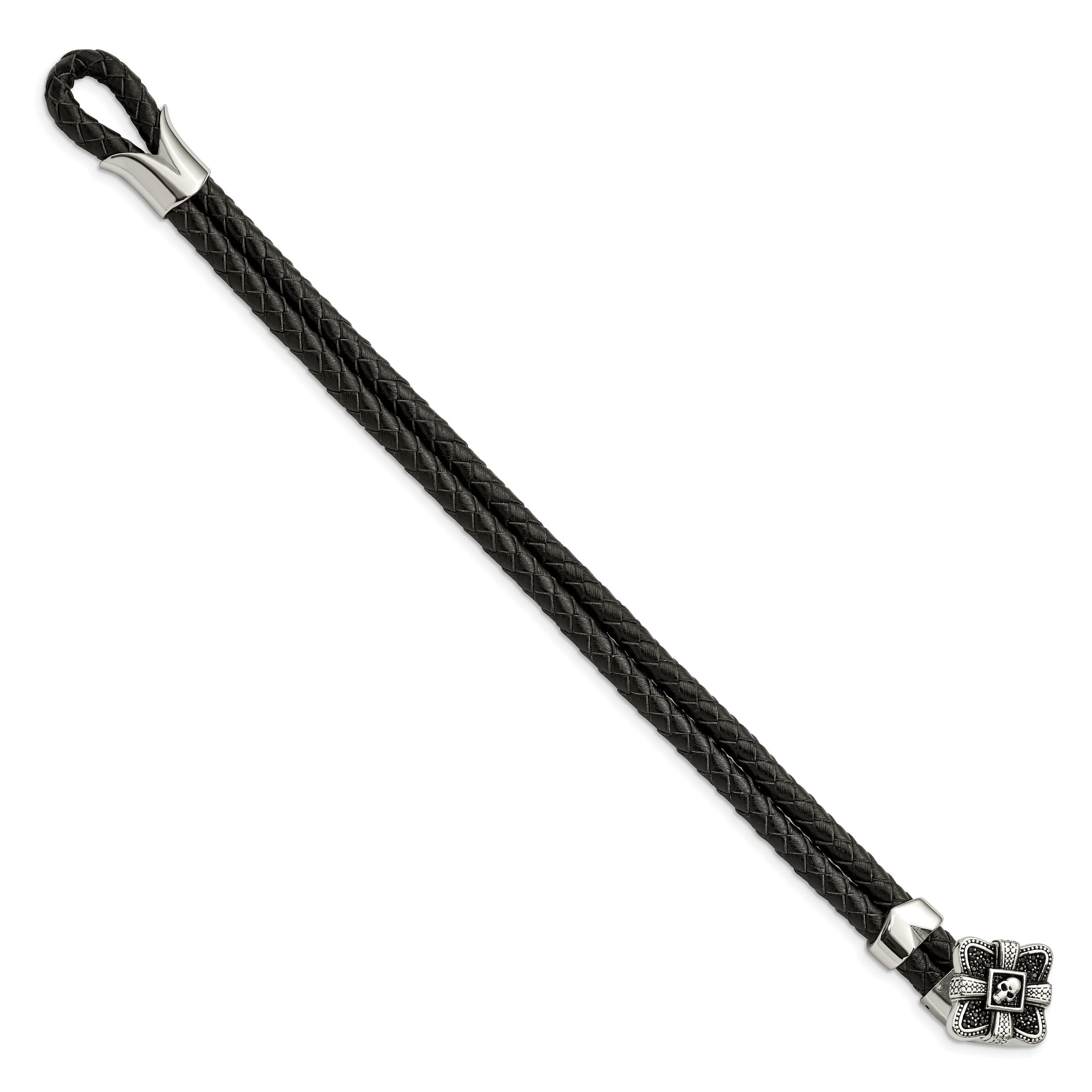 Stainless Steel Antiqued & Polished with Cubic Zirconia Skull Leather Bracelet for Men Secondary image