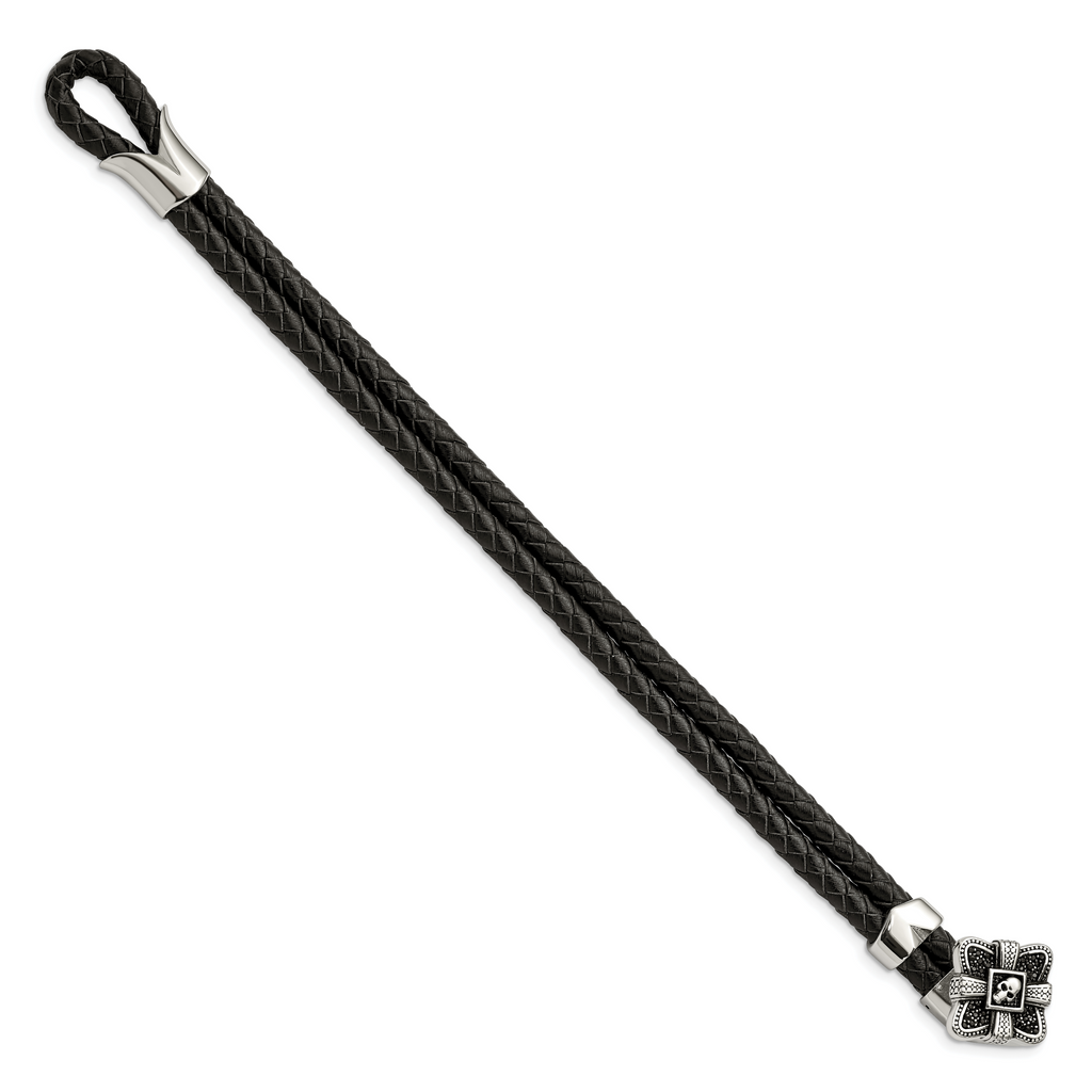 Stainless Steel Antiqued & Polished with Cubic Zirconia Skull Leather Bracelet for Men