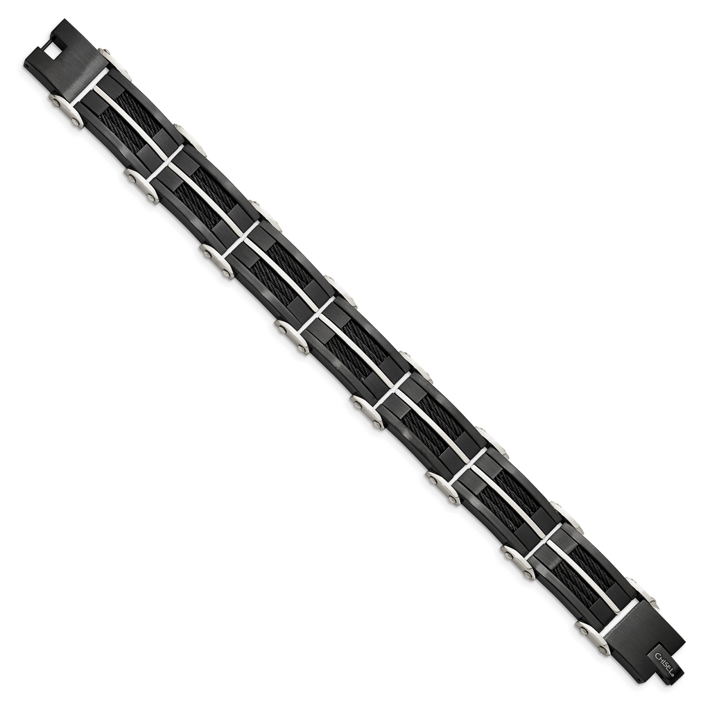 Stainless Steel Brushed and Polished Black IP-plated with Cable Inlay Link Bracelet for Men