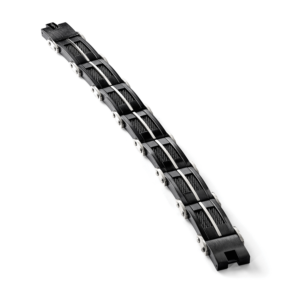 Stainless Steel Brushed and Polished Black IP-plated with Cable Inlay Link Bracelet for Men