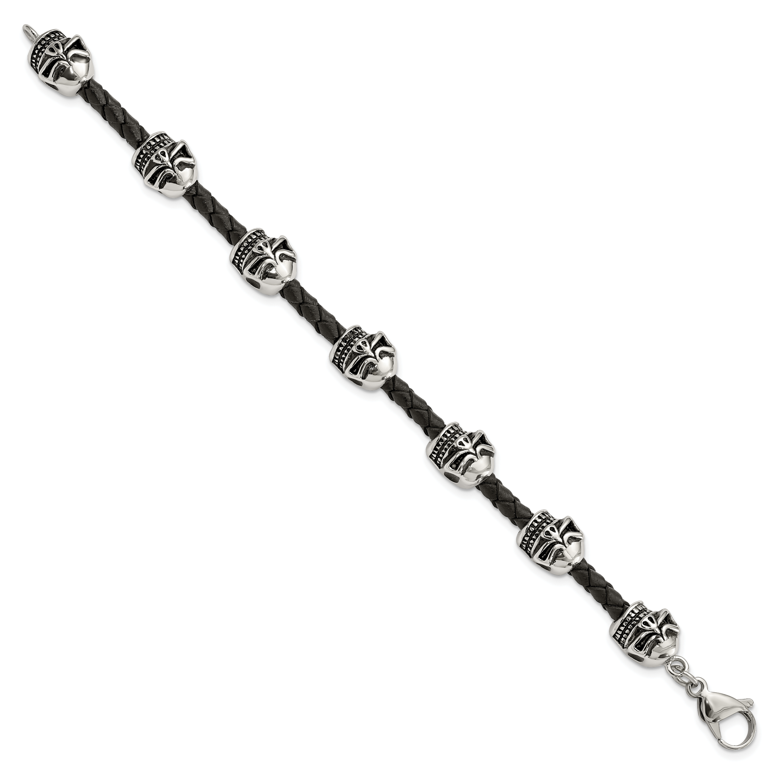 Stainless Steel Antiqued and Polished Skull Beads Black Braided Leather Bracelet for Men