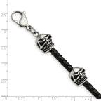 Stainless Steel Antiqued and Polished Skull Beads Black Braided Leather Bracelet for Men