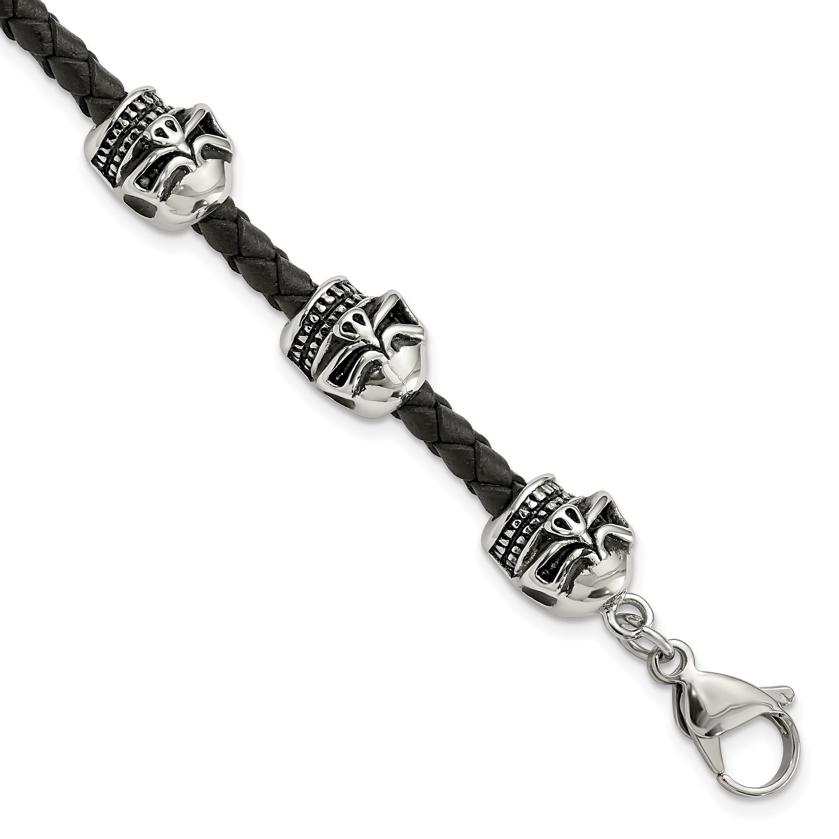 Stainless Steel Antiqued and Polished Skull Beads Black Braided Leather Bracelet for Men Main image