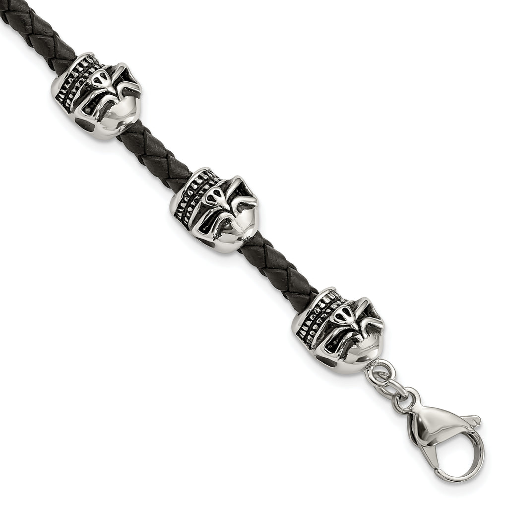 Stainless Steel Antiqued and Polished Skull Beads Black Braided Leather Bracelet for Men
