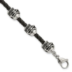 Stainless Steel Antiqued and Polished Skull Beads Black Braided Leather Bracelet for Men