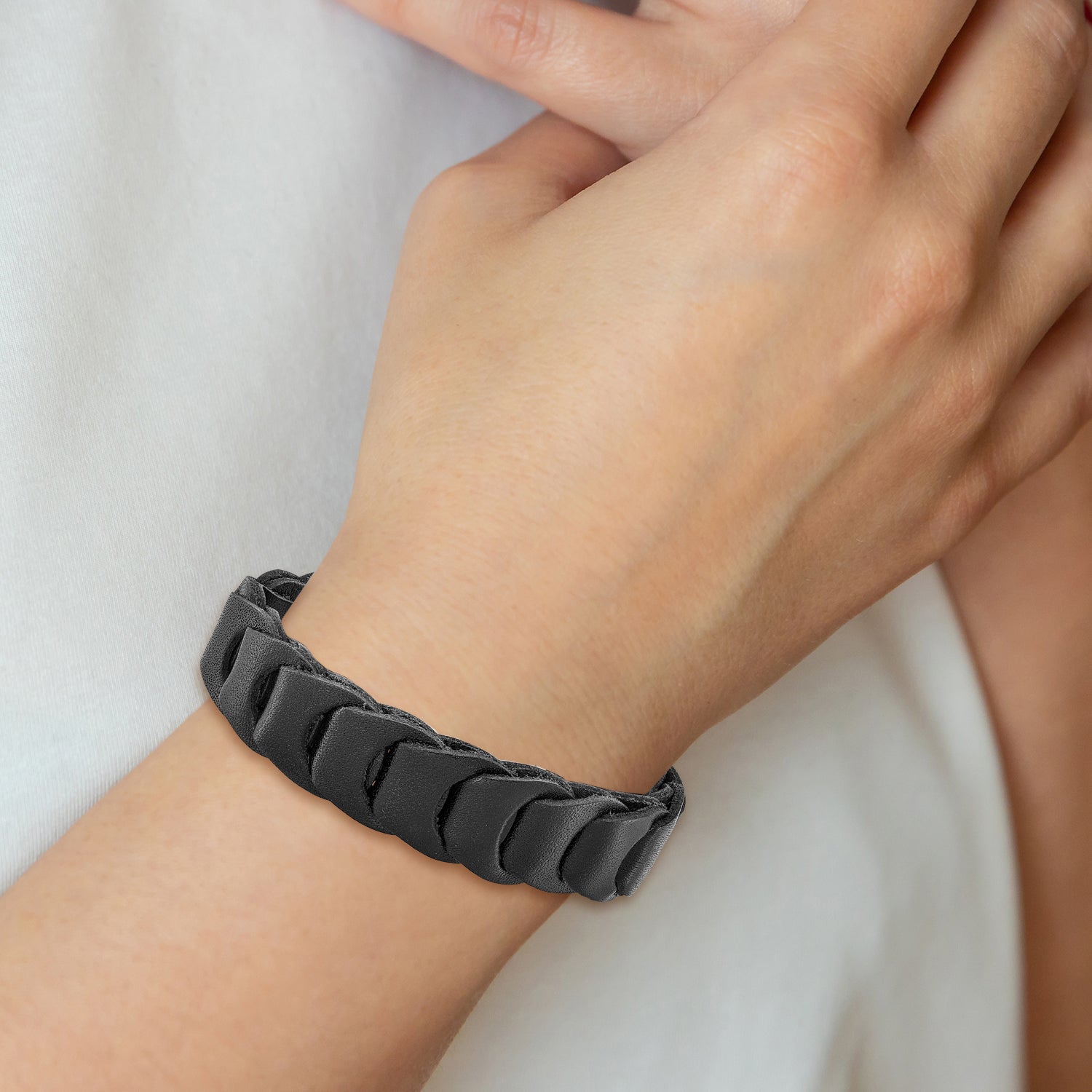 Stainless Steel Brushed Black Leather Bracelet for Men