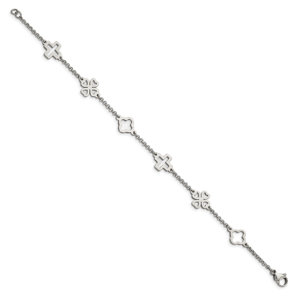 Stainless Steel Polished Cross and Clovers Bracelet for Women