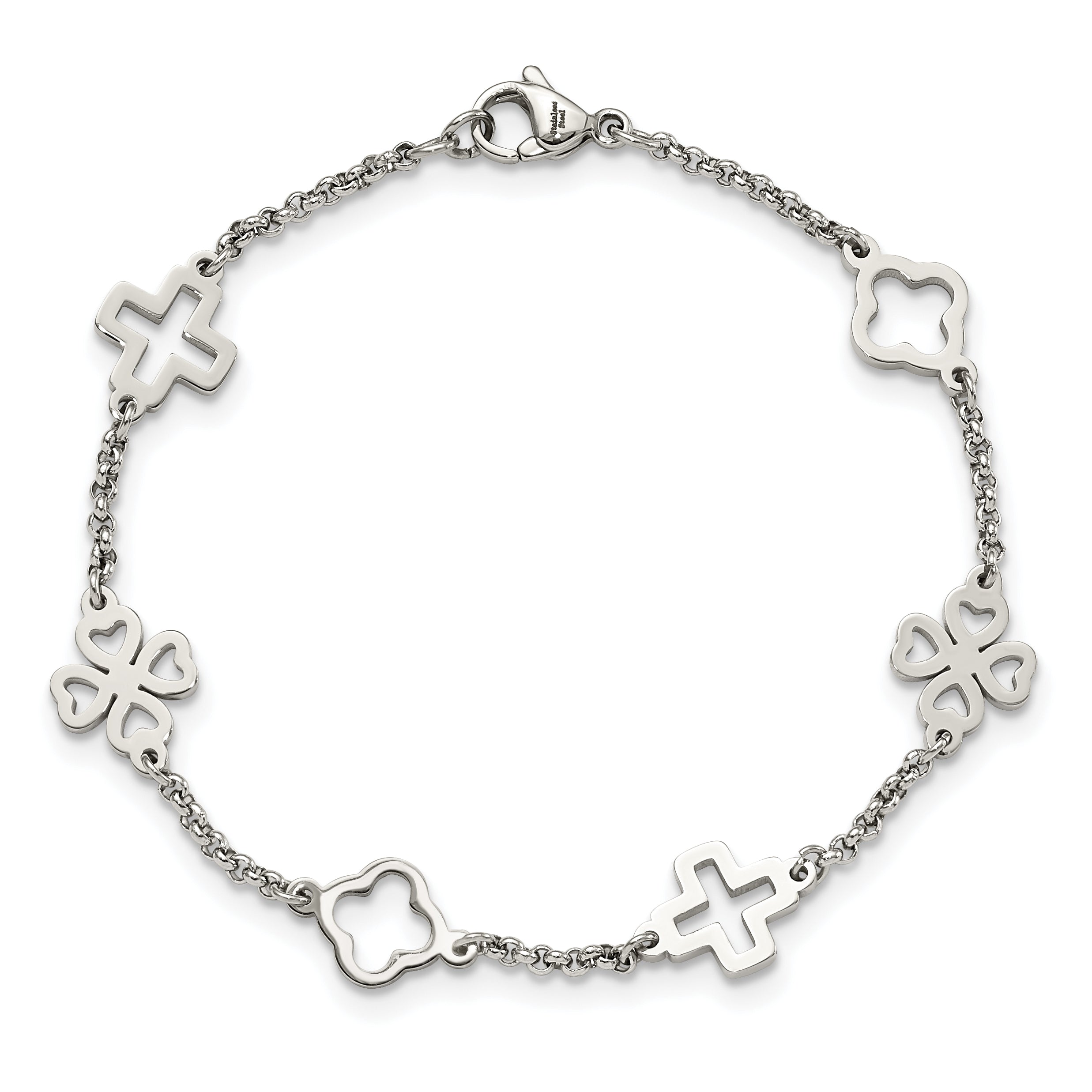 Stainless Steel Polished Cross and Clovers Bracelet for Women
