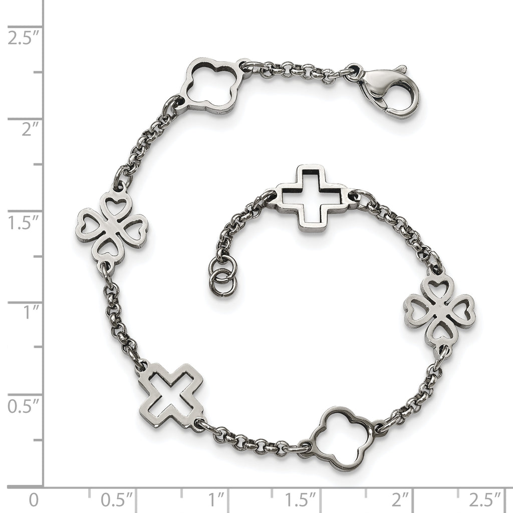 Stainless Steel Polished Cross and Clovers Bracelet for Women