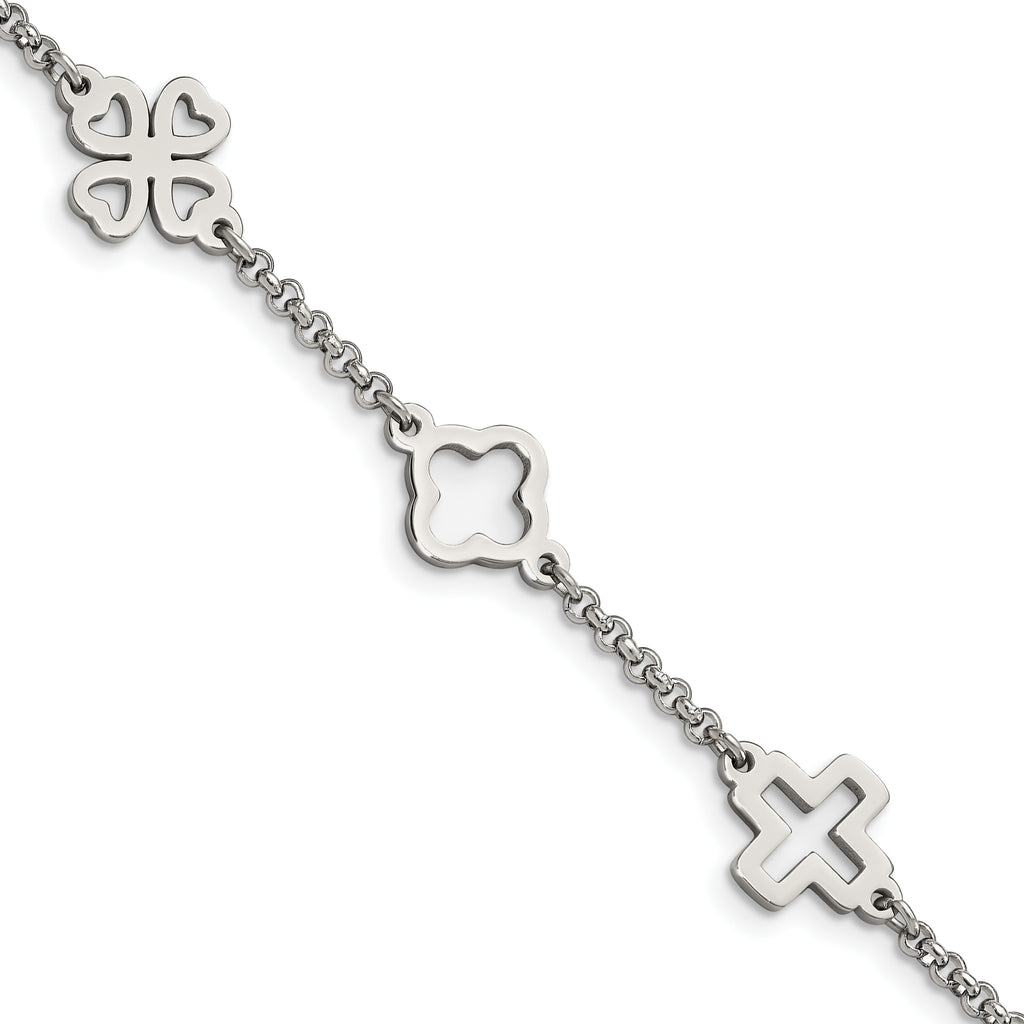 Stainless Steel Polished Cross and Clovers Bracelet for Women