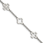 Stainless Steel Polished Cross and Clovers Bracelet for Women