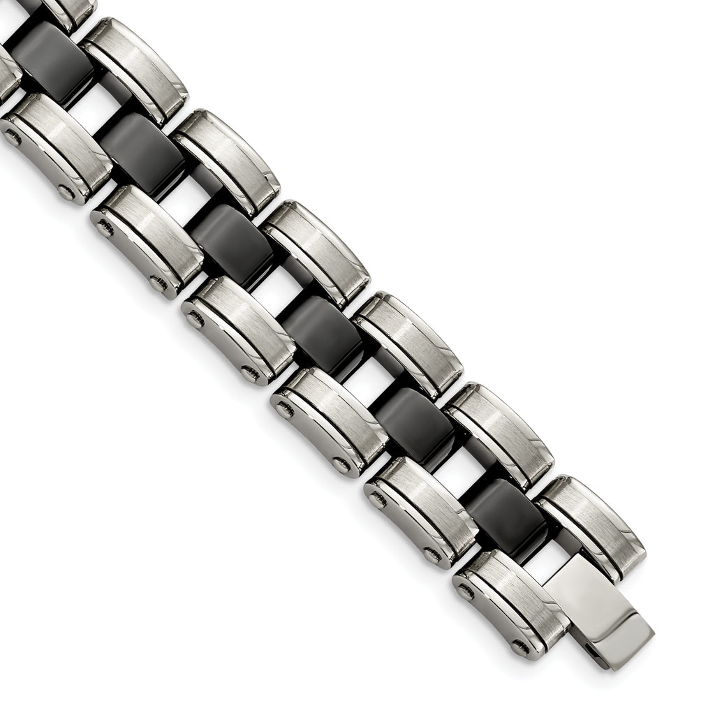 Stainless Steel Brushed and Polished with Black Ceramic Link Bracelet for Men