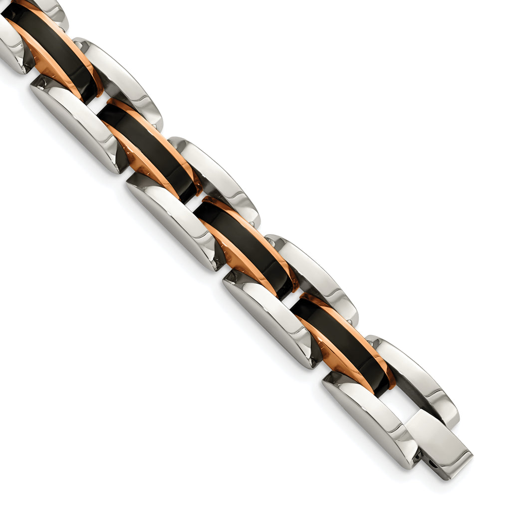 Stainless Steel Polished Black and Rose IP-plated Link Bracelet for Men