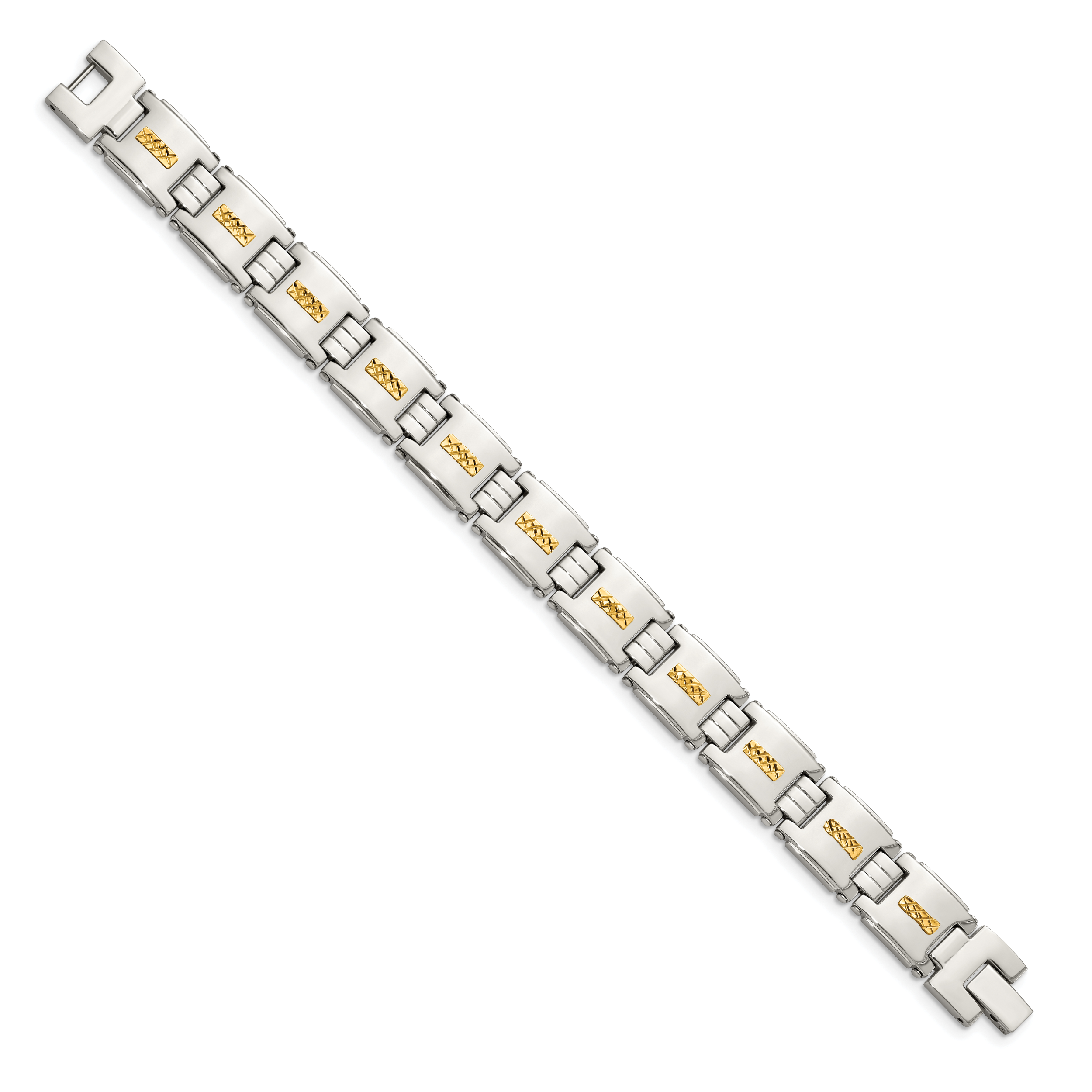 Stainless Steel Polished with Diamond-cut 14k Gold Inlay Link Bracelet for Men