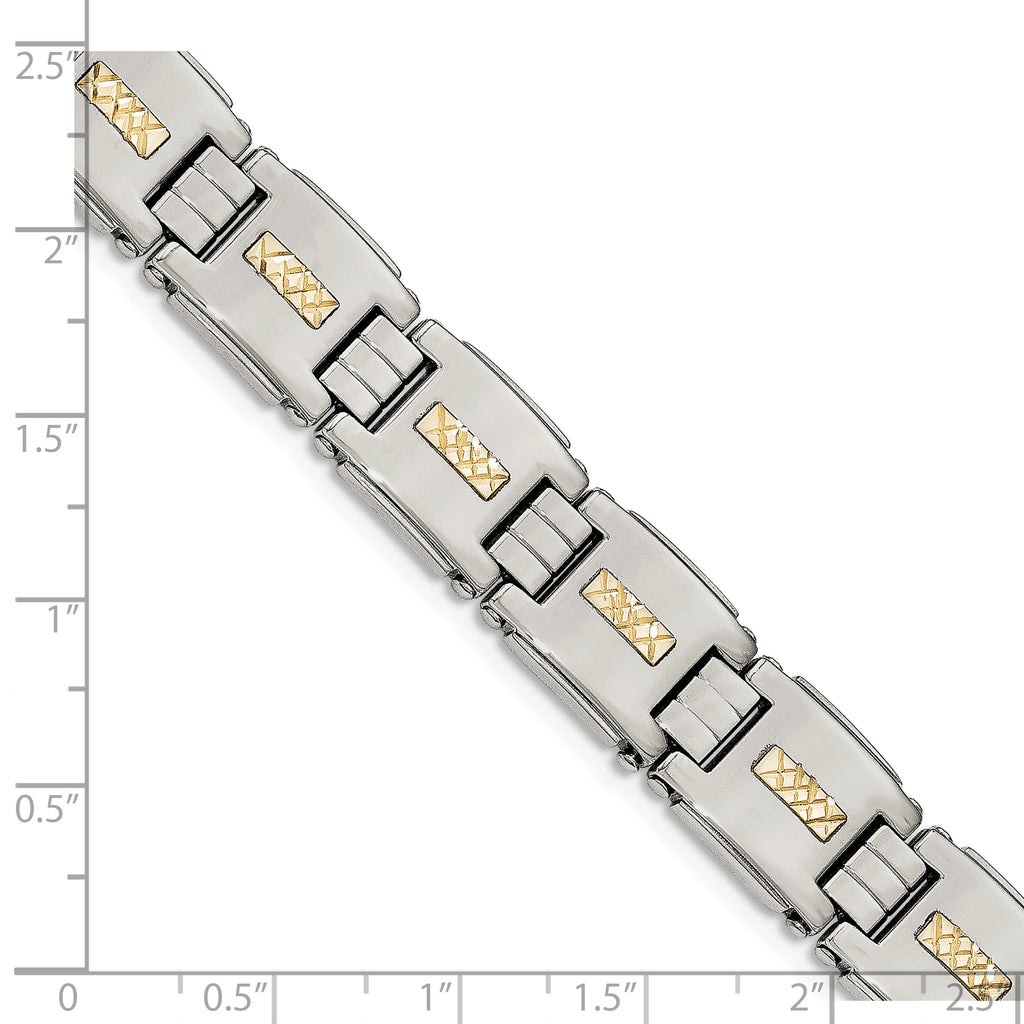 Stainless Steel Polished with Diamond-cut 14k Gold Inlay Link Bracelet for Men