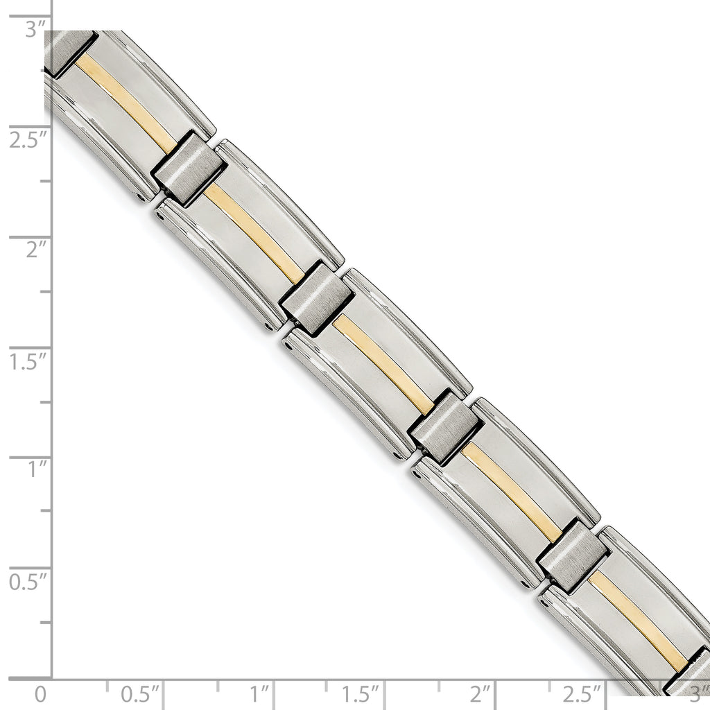 Stainless Steel with 14k Gold Accent Brushed and Polished Link Bracelet for Men