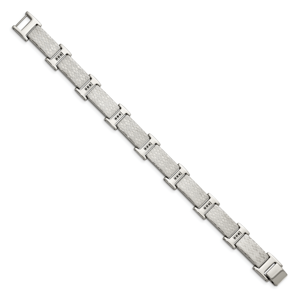 Stainless Steel Polished and Textured with Black Cubic Zirconia Link Bracelet for Men