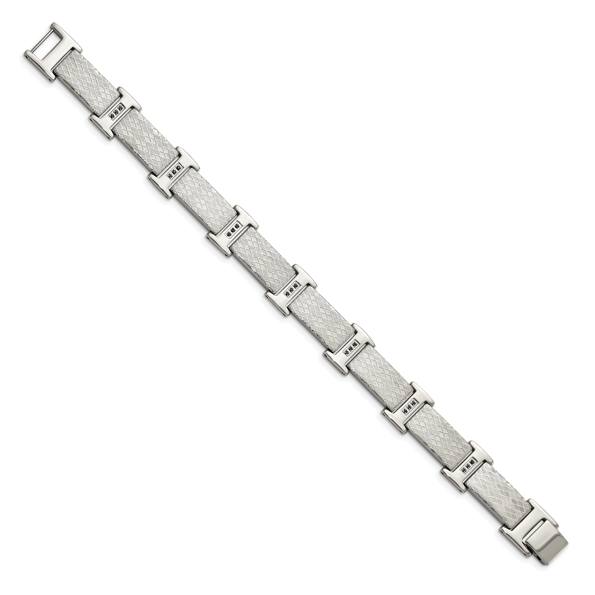 Stainless Steel Polished and Textured with Black Cubic Zirconia Link Bracelet for Men