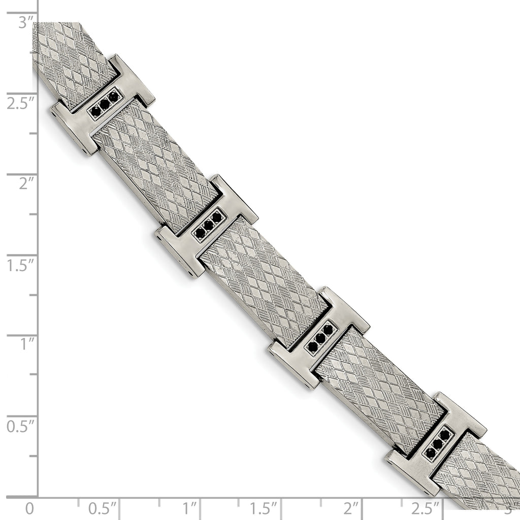 Stainless Steel Polished and Textured with Black Cubic Zirconia Link Bracelet for Men
