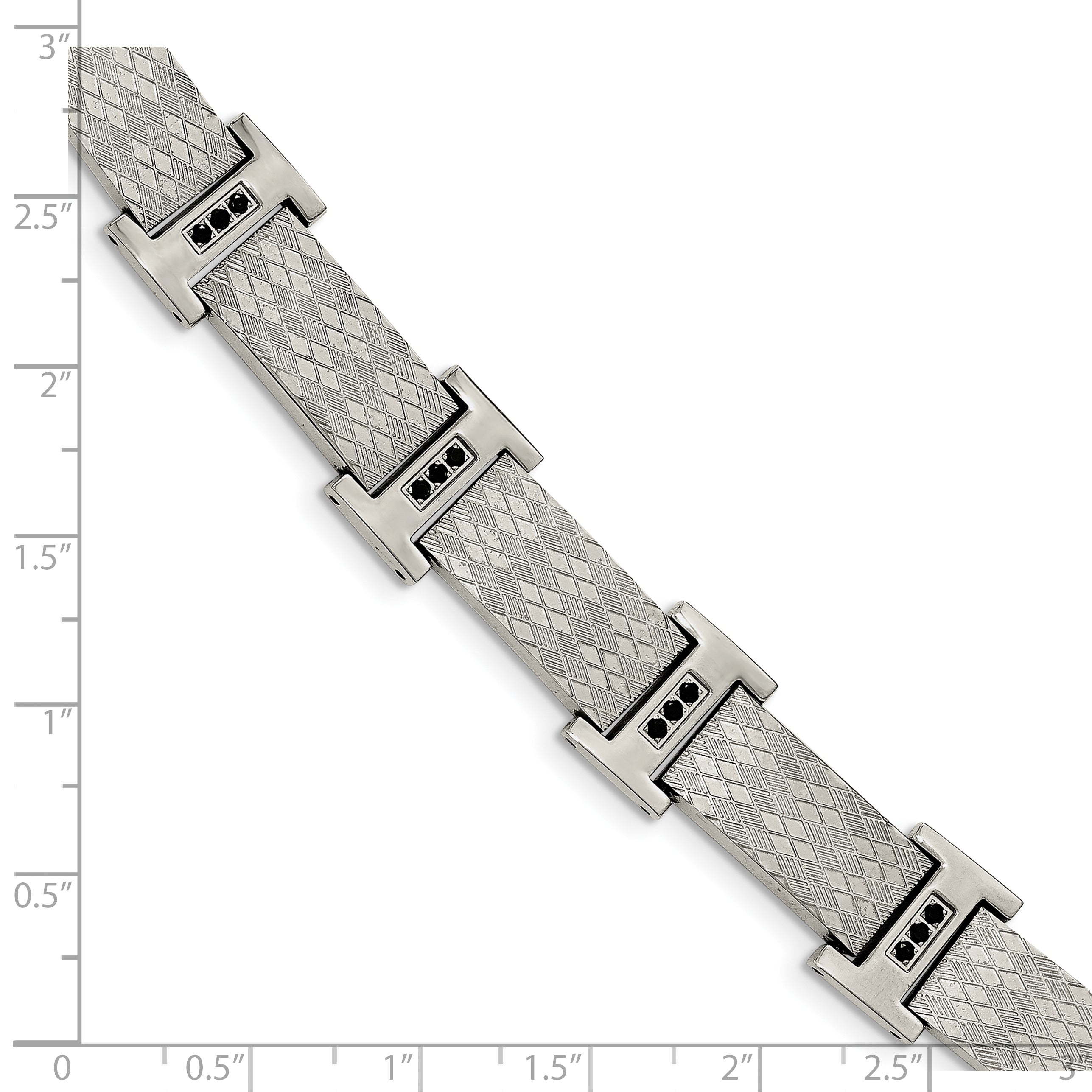 Stainless Steel Polished and Textured with Black Cubic Zirconia Link Bracelet for Men