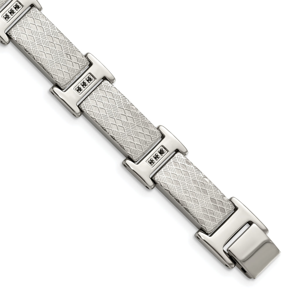 Stainless Steel Polished and Textured with Black Cubic Zirconia Link Bracelet for Men