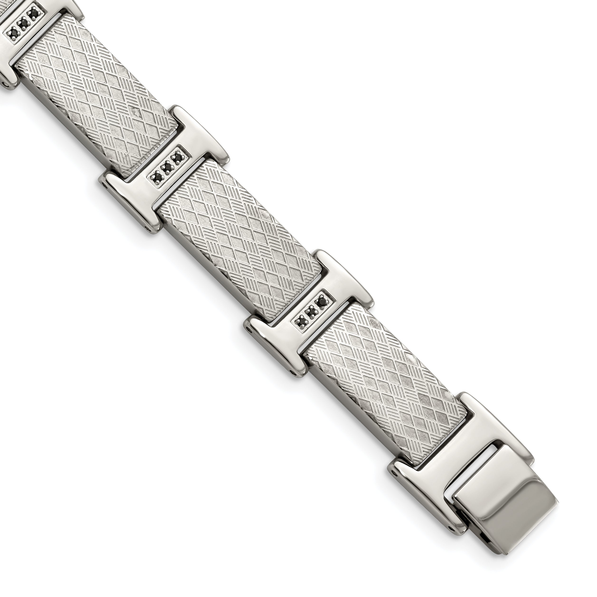 Stainless Steel Polished and Textured with Black Cubic Zirconia Link Bracelet for Men
