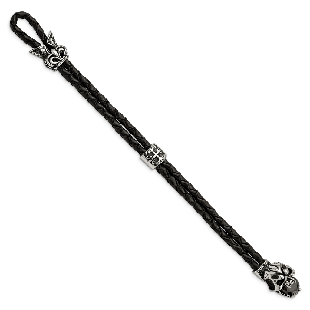 Stainless Steel Polished and Enameled Skull with Black Glass 2 Strand Braided Black Leather Bracelet for Men