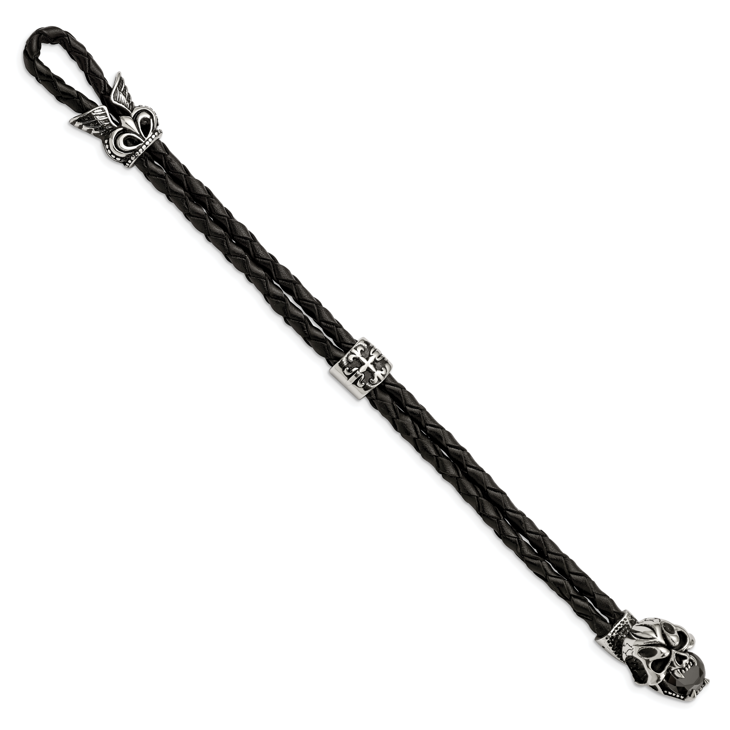 Stainless Steel Polished and Enameled Skull with Black Glass 2 Strand Braided Black Leather Bracelet for Men